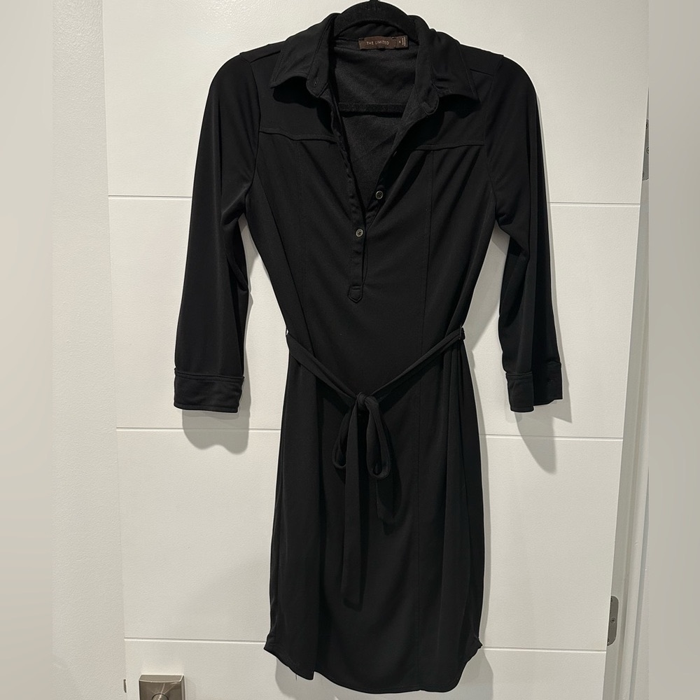 Classic Black Work Dress with Long Sleeves, Button down, Collar, and Tie Waist
